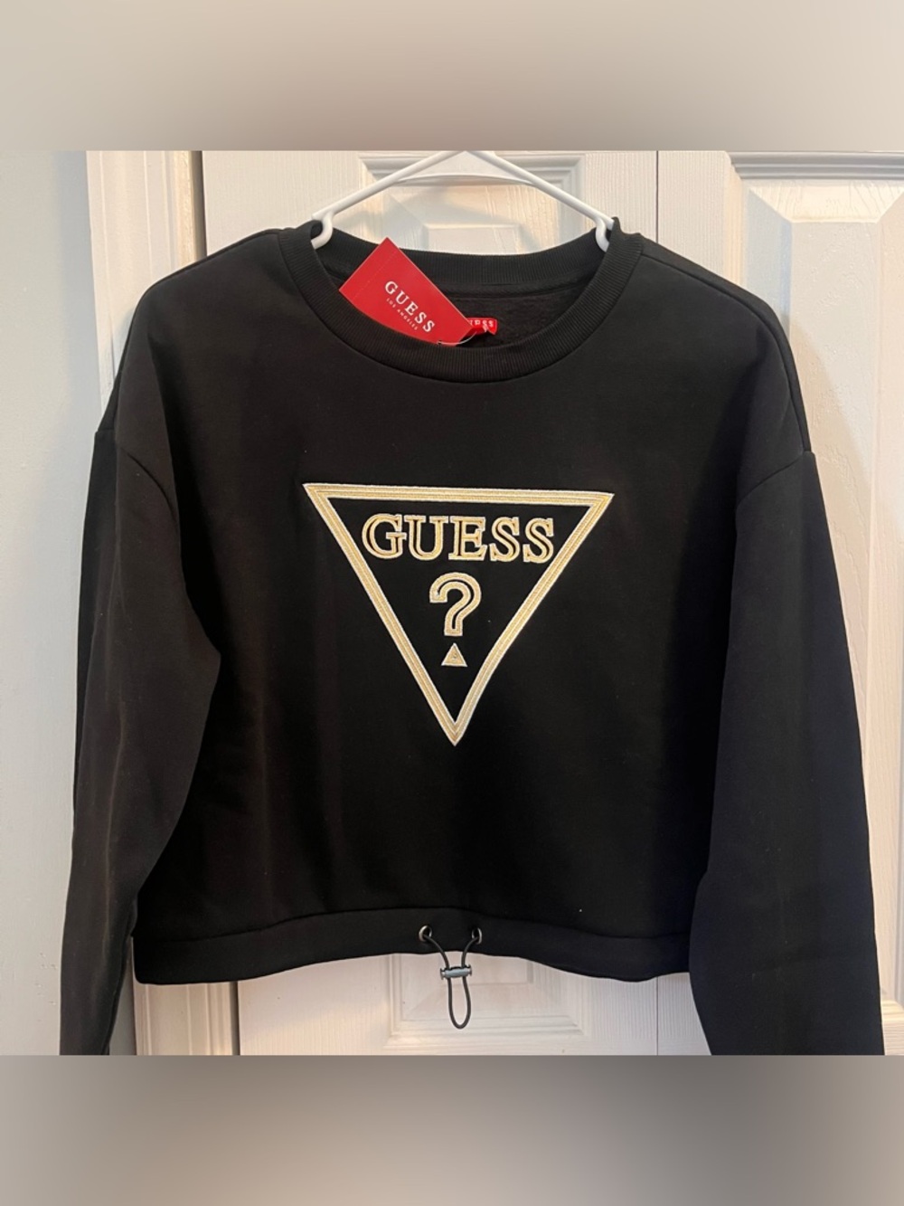 GUESS Black Cropped Logo Sweatshirt with Cream Triangle Logo
